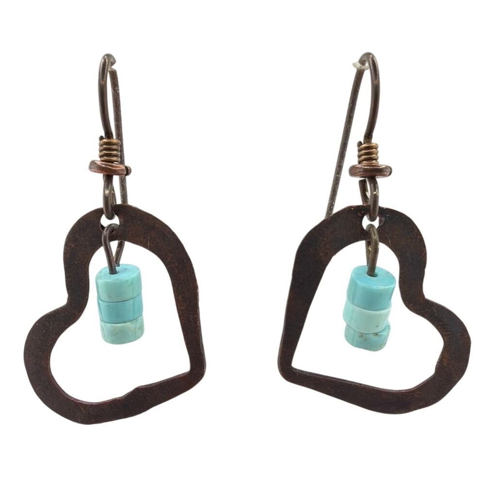 NEW Artisan Handcrafted Hammered Metal Heart and Turquoise Dangle Earrings